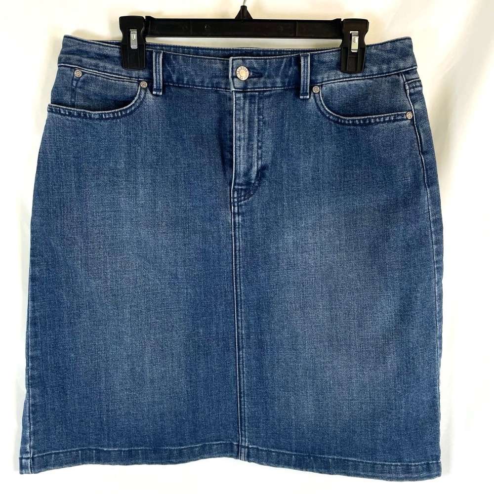 Talbots Womens Blue Dark Wash Denim Stretch Mid Rise Jeans Straight Skirt 10